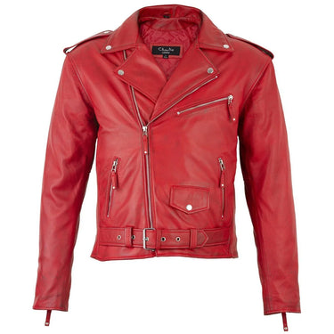 Men's Belted Cross Zip Brando Biker Red Leather Jacket -